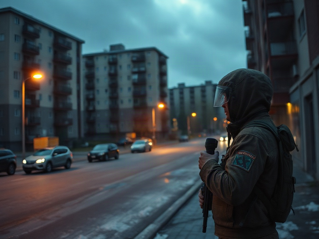 На позднем вечере солдат стоит на улице, охраняя территорию города в тёмной одежде и с фонарём.