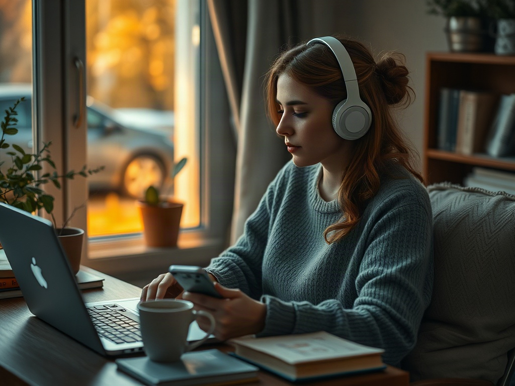 Молодая женщина в наушниках работает за ноутбуком, держа в руках смартфон и чашку кофе. На фоне окна виден закат.